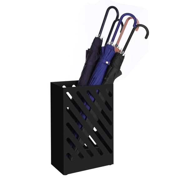 SONGMICS Metal Umbrella Stand, Rectangular Umbrella Holder Rack, with a Removable Drip Tray, 4 Hooks, Hollow-Out Design, for Entryway, Office, Black
