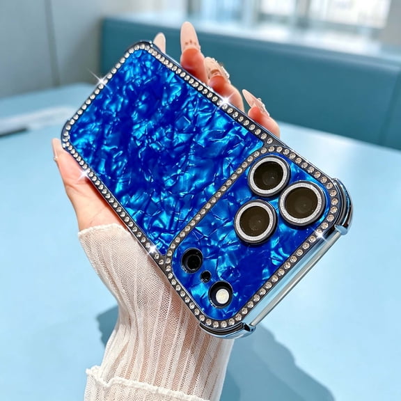 For iPhone 18 Pro Max Phone Case,With Camera Lens Protector,Luxury Sparkle Shell Pattern Back,Diamond Frame,Electroplated Anti-Scratch Shockproof Non-Slip Drop Protective Phone Case,Blue