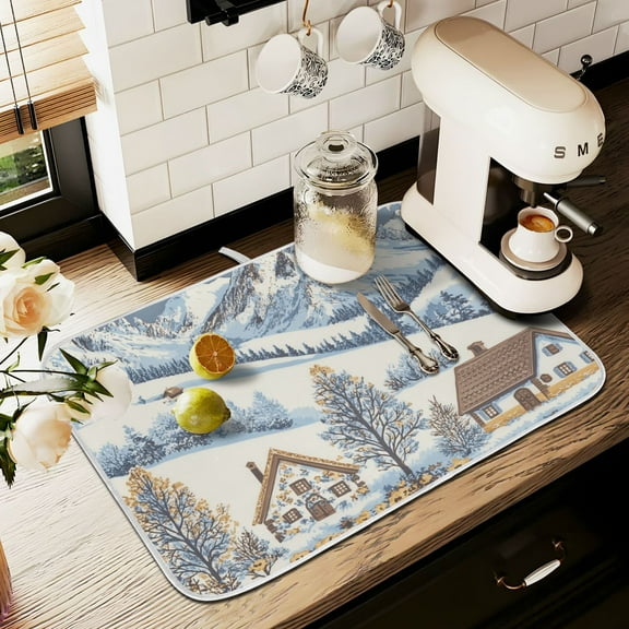 Yayeee Dish Drying Mat for Kitchen Counter 16" x 18" Microfiber Super Absorbent Coffee Decorative Pad, Blue Snowy Mountain