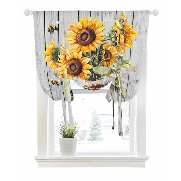 Yellow Sunflower Tie Up Curtains for Window, Thermal Insulated Balloon Shade Adjustable Rod Pocket Curtains Valance Panels for Kitchen Bathroom Cafe 34 x 45 Country Floral Grey Barn Wood Grain