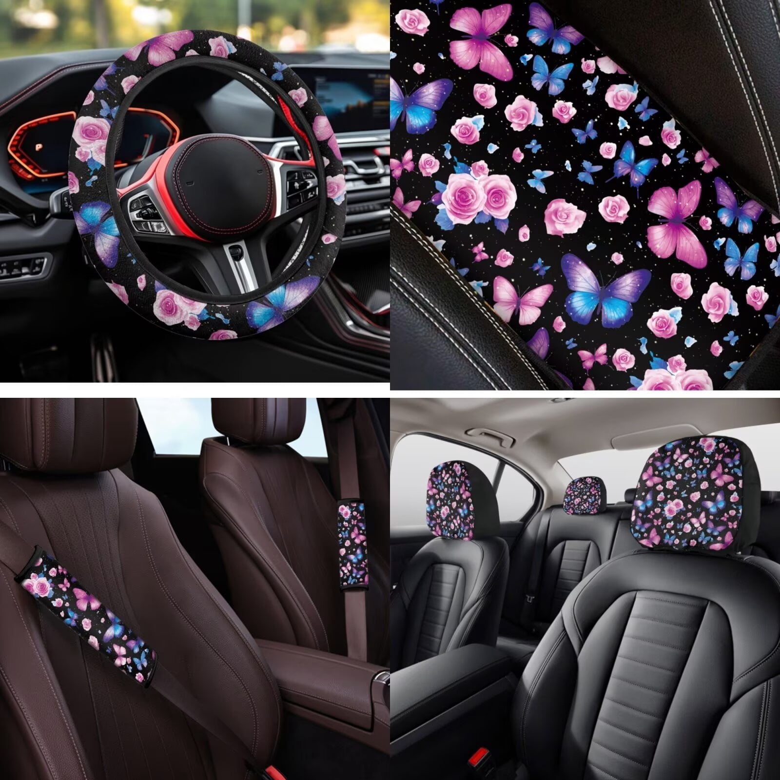 Garronmavis Butterfly Flower Car Seat Covers Set 14 Pcs Headrest Protector Car Steering Wheel Cover Armrest Cover Car Seat Belt Covers Key Ring and Cup Coaster Universal Fit for Auto Cars SUV