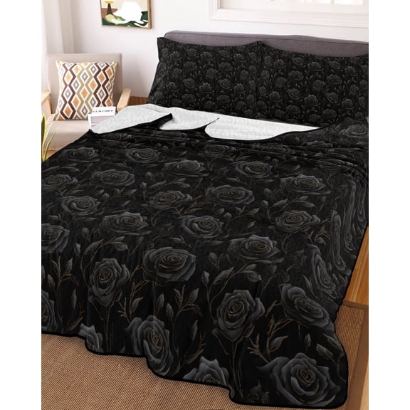 Black Flower, Queen Size Down Alternative Comforter, Lightweight Comforter Quilt Bedding Set with Pillow Shams Abstract Vintage Botanical Floral Plant All Seasons Bed Comforter Duvet Insert 90"x96"