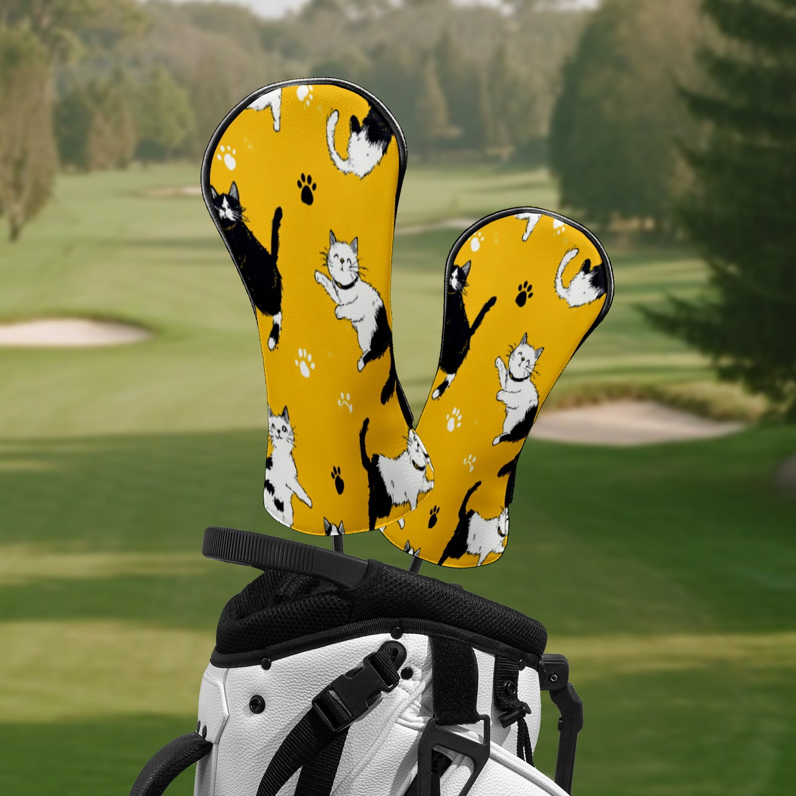 Golf Head Covers for Woods and Driver Waterproof Leather Golf Club Head Covers for Women Men Golf Driver Fairway Wood Headcover Yellow Background Cat Mural