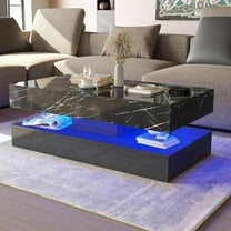 LED Coffee Table with 2 Storage Drawers, Modern High Gloss Black Coffee Table w/20 Colors LED Lights, 2 Tiers Rectangle Center Table for Living Room with Marbling Print, APP Control, Black