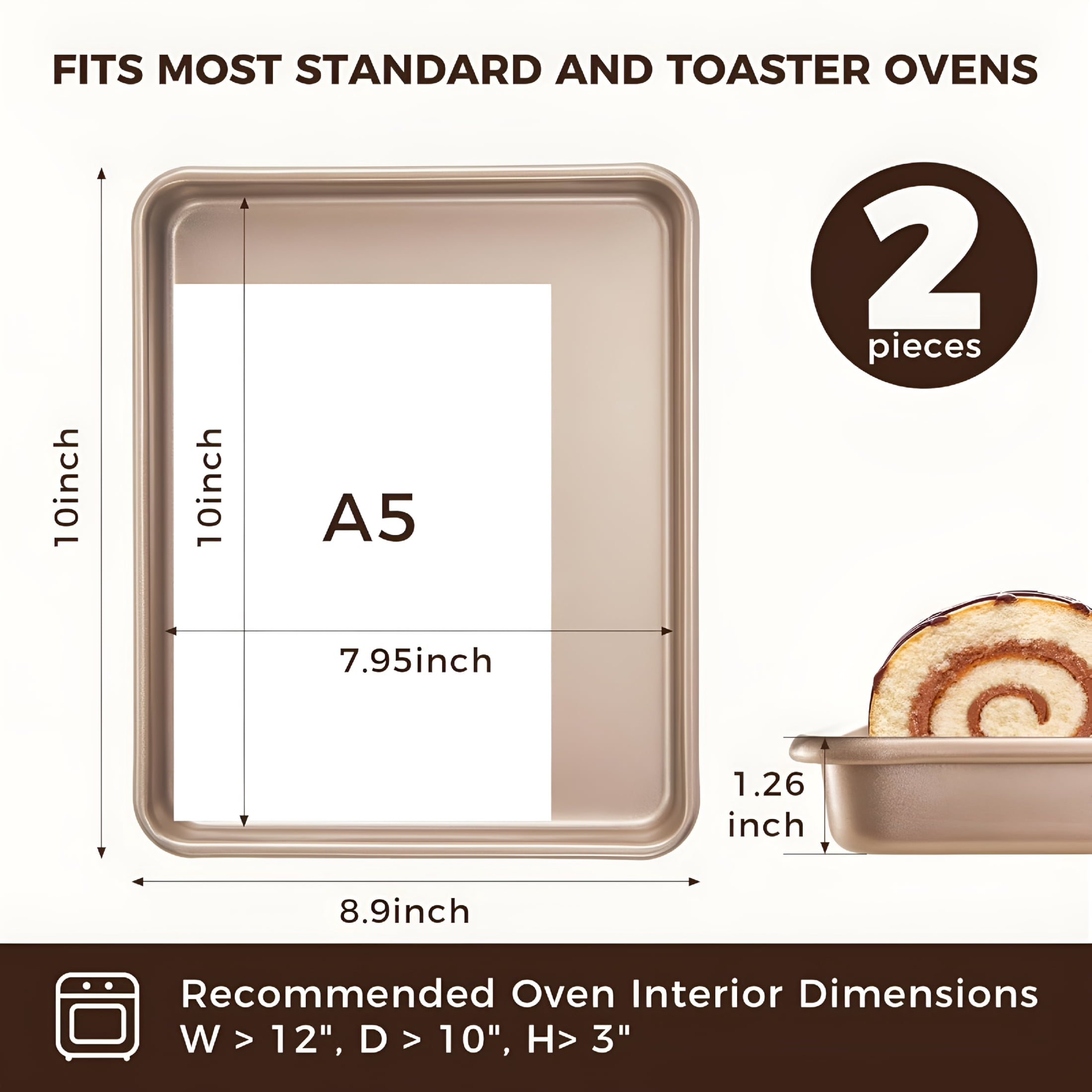 BPPEG 2 Pack 11 X 9 Inch Toaster Oven Pans and Trays,Small Baking Sheet Set for Cooking,Non-Stick Cookie Sheets,Heavy-Duty 0.8Mm Thick,Easy to Clean,1.26 Inch Deep,Gold