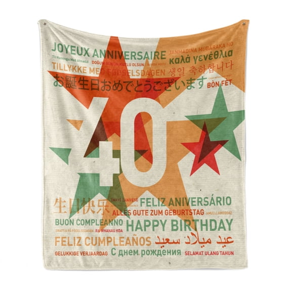 40th Birthday Soft Flannel Fleece Throw Blanket, Happy Birthday from All over the World in Different Languages Retro Style, Cozy Plush for Indoor and Outdoor Use, 60" x 80", Multicolor, by Ambesonne