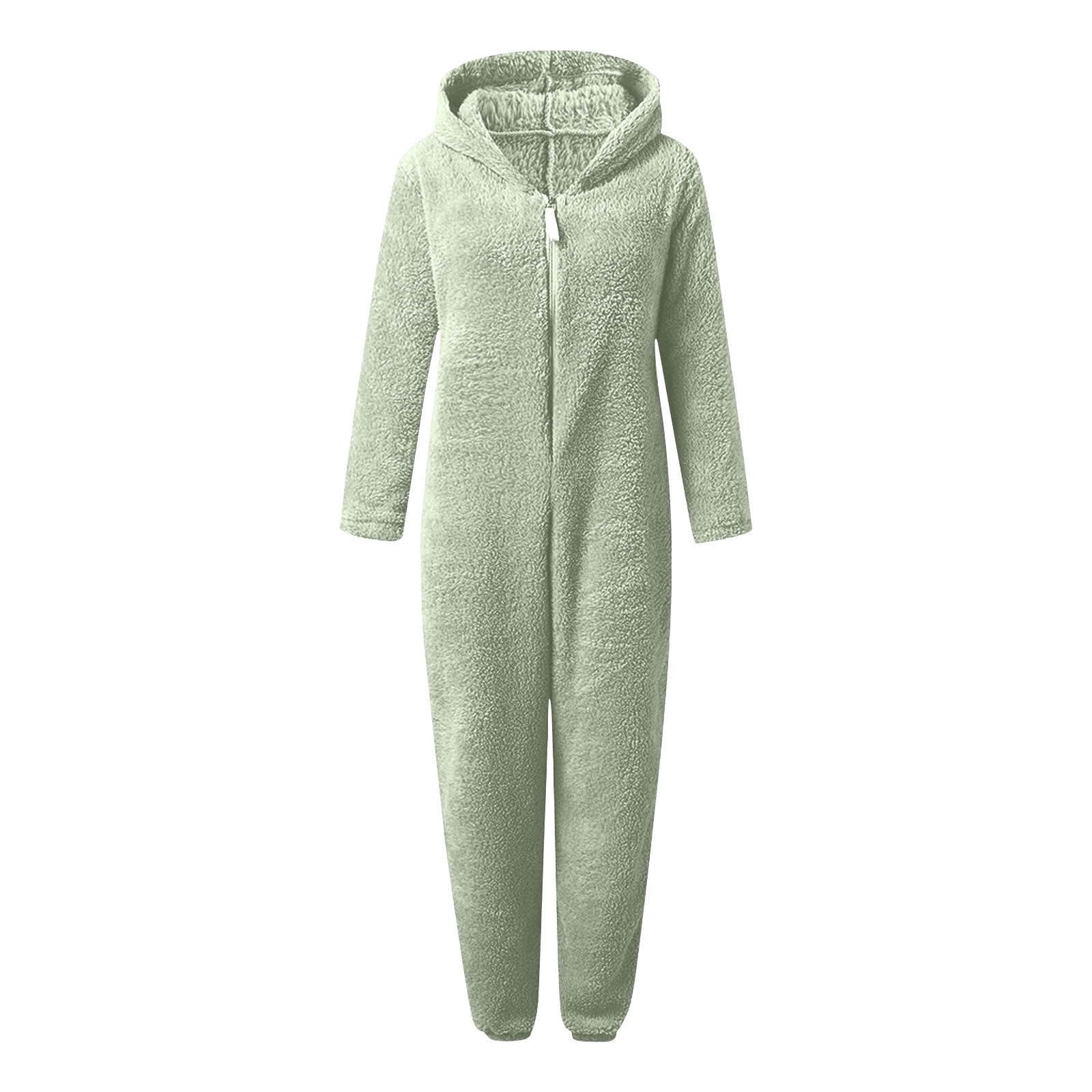 QATAINLAV Sherpa Jumpsuits for Women Fuzzy Onesies Pajamas Long Sleeve Adult Cat Ears Hooded Rompers Sleepwear Warm Plush One Piece Pants Army Green M