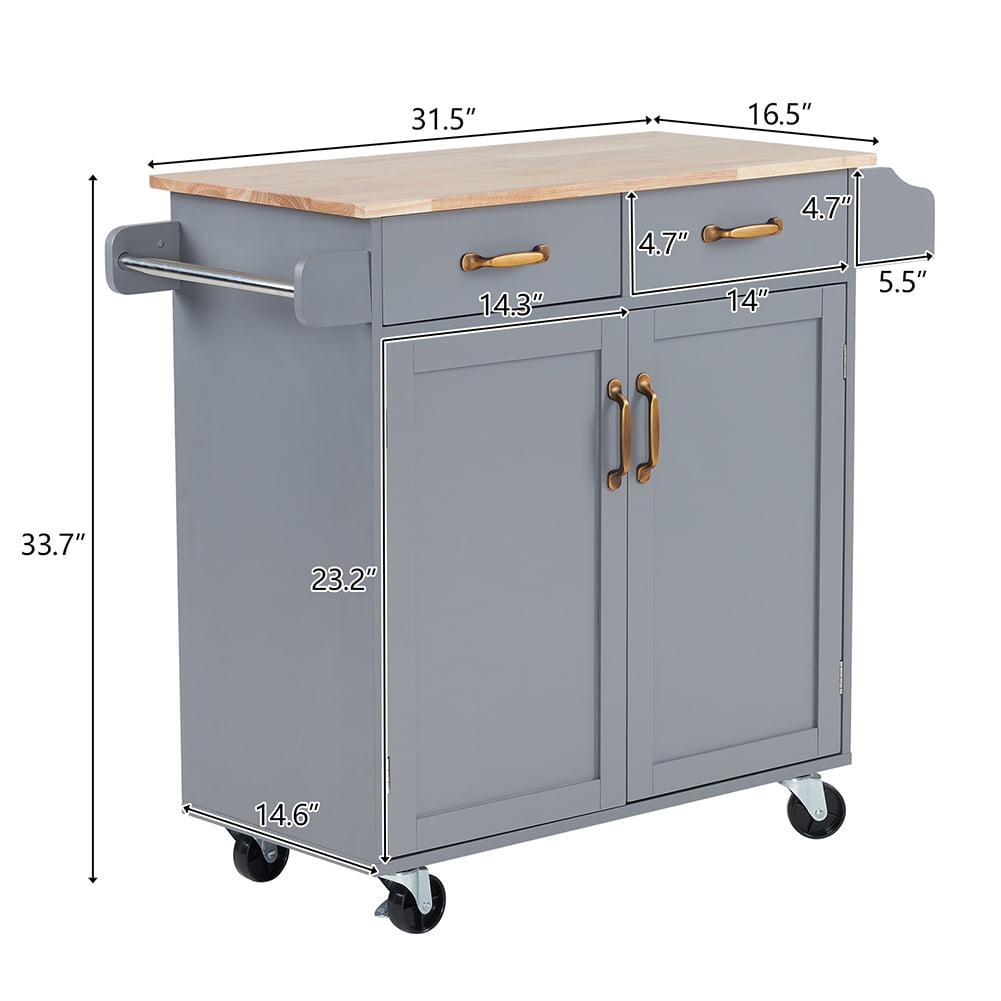 Kadyn Kitchen Island Cart, MDF Rubber Wood Dining Car with 2 Doors and 2 Drawers, Moveable Kitchen Cart for Kitchen, Gray Kadyn Kitchen Island Cart, MDF Rubber Wood Dining Car with 2 Doors and 2 Drawers, Moveable Kitchen Cart for Kitchen, Gray