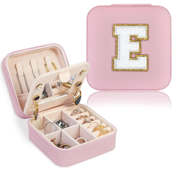 Travel Jewelry Case Organizer, Gifts For Women, Small Jewelry Box Jewelry Organizer, Necklace Organizer Earring Organizer Box With Mirror, Pink Travel Essentials Initial E[Z1]