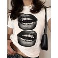 thumbnail image 1 of Women's Stylish Lips Graphic Print T-Shirt, Casual Cotton Knit Crew Neck Tee with Slight Stretch for All Seasons, Fashionable Short Sleeve Sporty Top, 1 of 5
