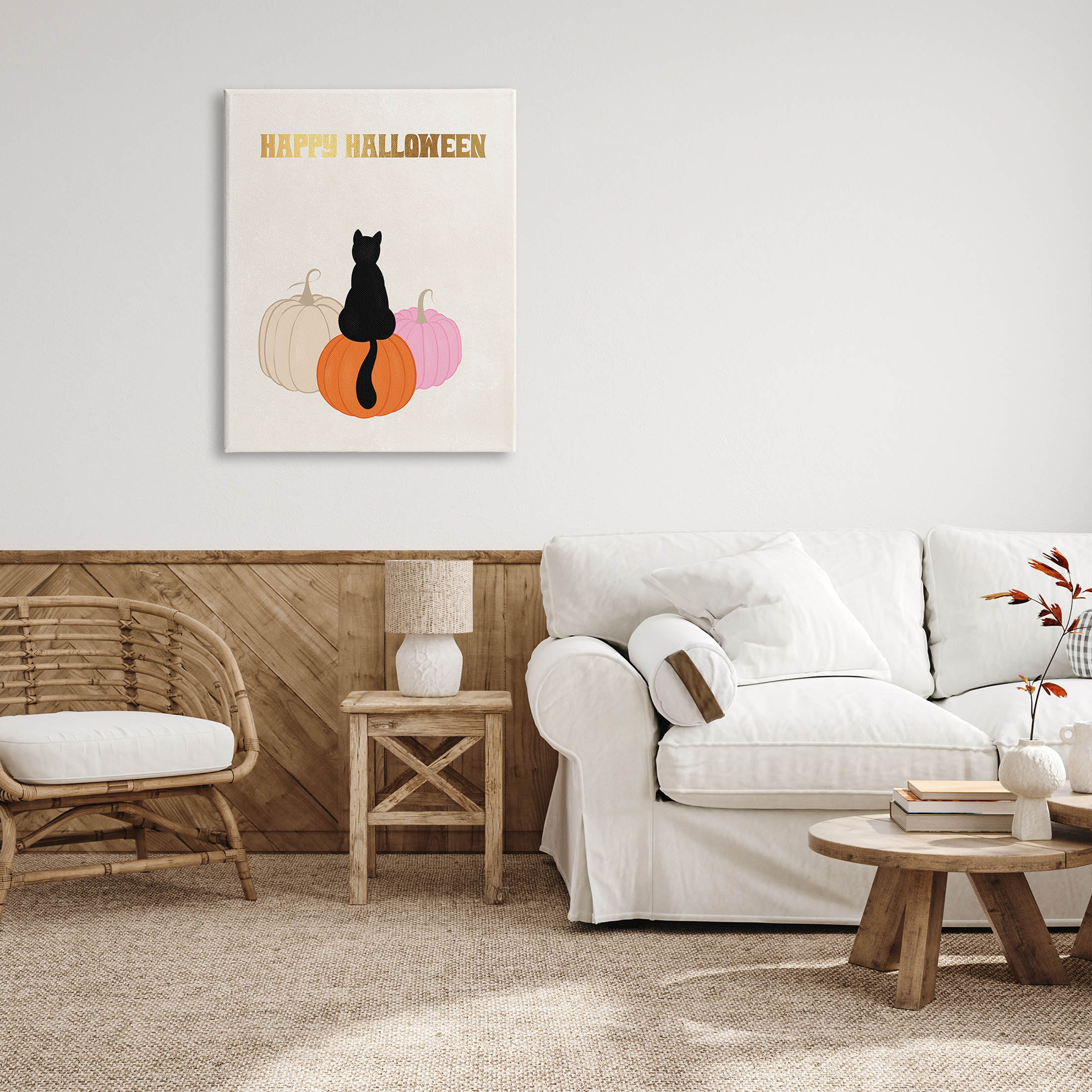 Happy Halloween Black Cat Pumpkins Holiday Graphic Art Gallery Wrapped Canvas Print Wall Art