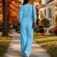 thumbnail image 4 of TEAJOPSUU Women's Fall Winter Cargo Jumpsuits Casual Long Sleeve V Neck Button Down Wide Leg Jumpsuits with Pockets Chest Flap Pockets Sky Blue, 4 of 8