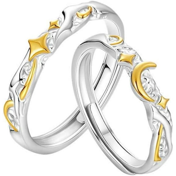 Dainty Star Moon Couple Promise Ring for Women Men 925 Sterling Silver Matching Cute Luck Star Crescent Adjustable Stacking Band Rings Statement Wedding Party Delicate Anniversary Jewelry Gift