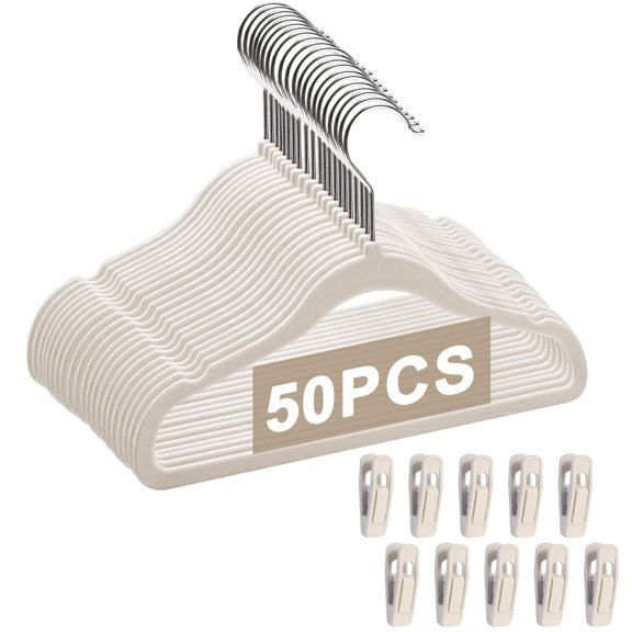 GIRACOA Baby Velvet Hangers(11inch - 50 Pcs), Premium Non Slip Kids Felt Hangers for Clothes for Toddler Kids' Closet with 10 Velvet Hanger Clips - Beige