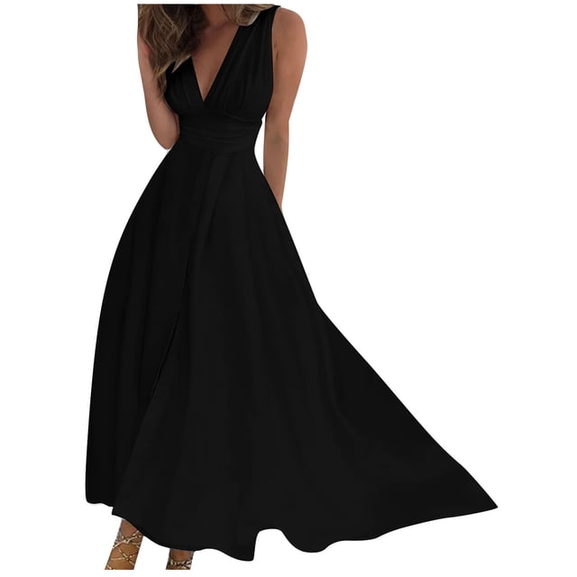 AherBiu Robe Longue Formelle pour Femmes Sans Manches à Col en V Plongeant Froncée Fluide pour Soirée, Fête, Cocktail