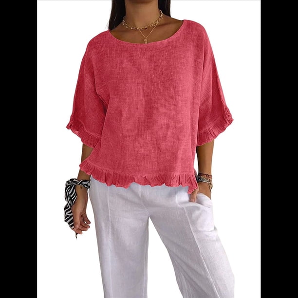 Blusa de Algodón y con Cuello Redondo, Dobladillo con Volantes y Corta, Color Liso, para Mujer. Sandía Roja L