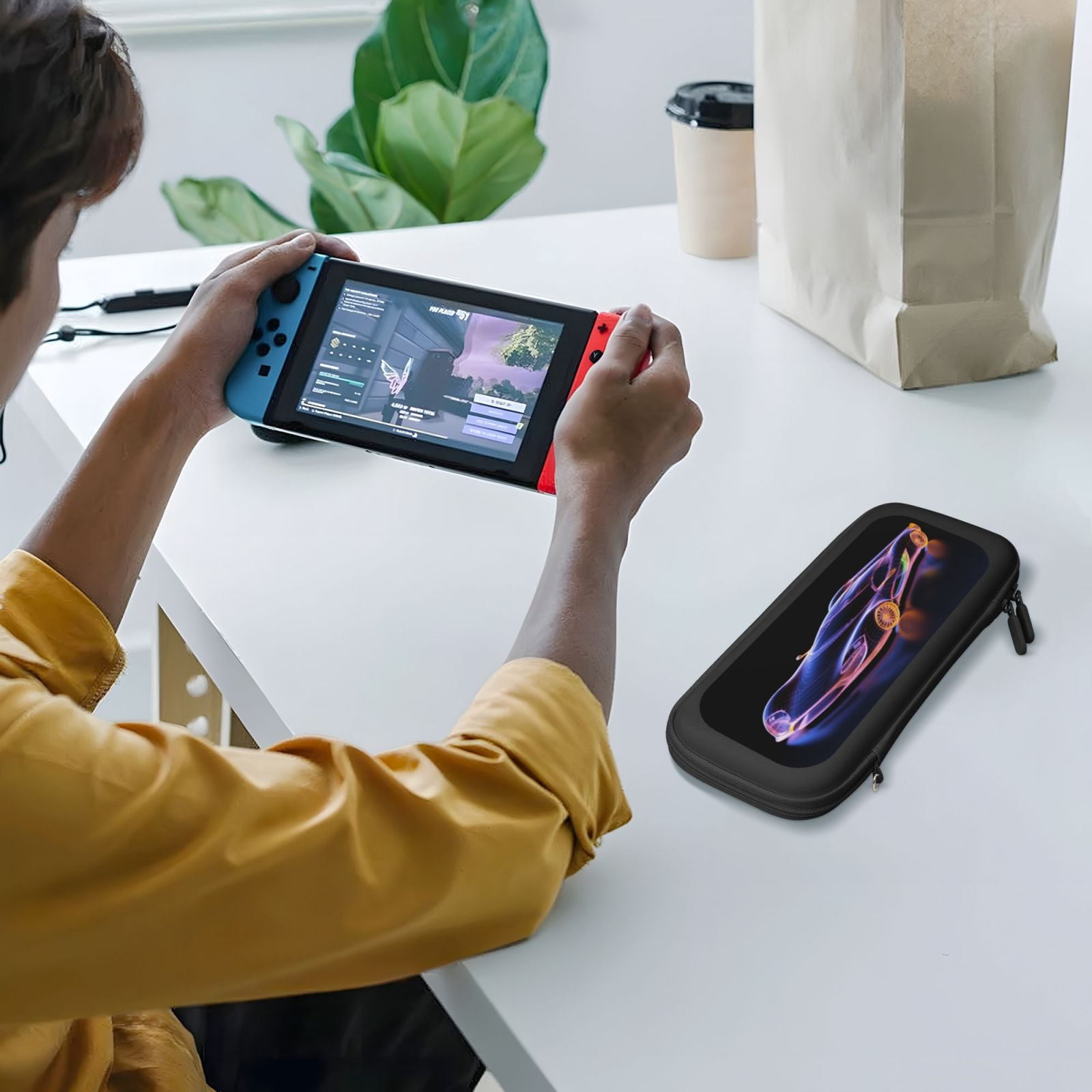 Race Car Hologram (3), Carrying Case For Nintendo Switch & OLED Version, Eva Lightweight Shockproof Protective Pouch Case for Game Console & Accessories with 10 Game Card Slot & Wristband, Black