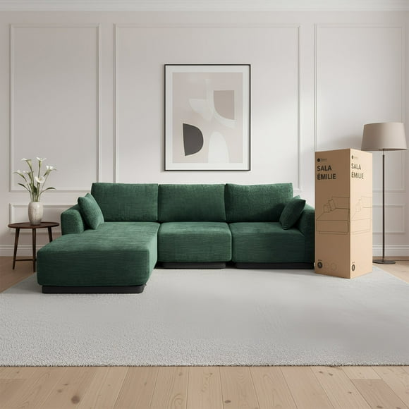 Sala Modular en Forma de L de 3 Plazas con Chaise Longue | Emilie Verde | Tapizado en Tela Resistente con Cojines Decorativos