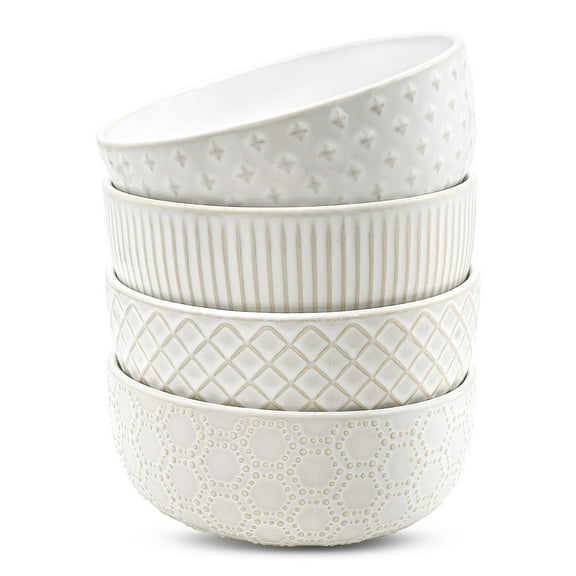 BVIEAKD Ceramic Cereal Bowls, Soup Bowls for Kitchen, Embossment Stoneware Bowl for Soup, Salad, Fruits, Ramen, Noodle, Pho, Suitable for Family Use, Ideal for Housewarming - 6 Inch- Set of 4（white）