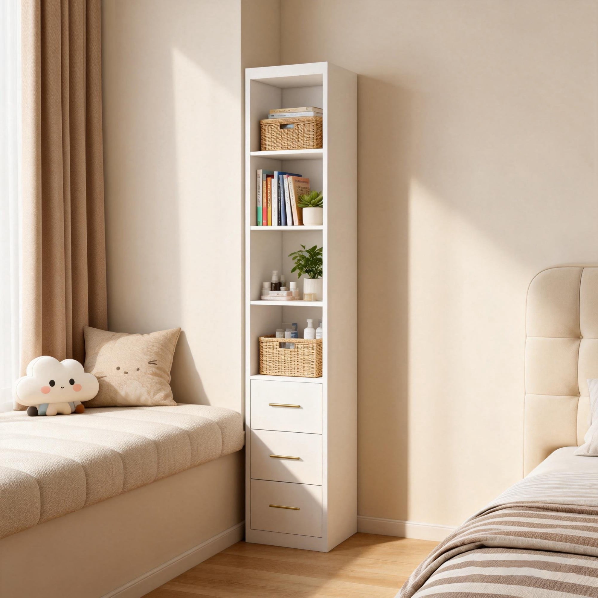 Mintazer 85.05" Tall Storage Cabinet with 4 Shelves and 3 Drawers for Bathroom Living Room Bedroom, White