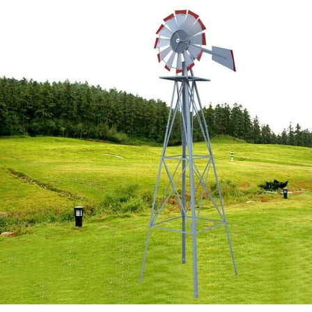 8FT Ornamental Windmill Backyard Garden Decoration Weather Vane, Heavy Duty Metal Wind Mill w/ 4 Legs Design, Grey