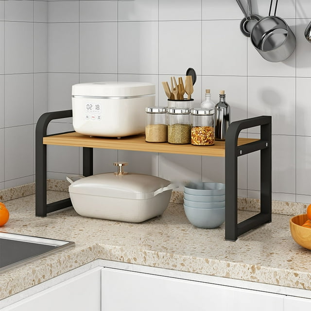 UsTZtai under $5 No Drill Kitchen Storage Rack, Wood and Metal Spice Shelf, Multi Purpose Organizer Rack for Kitchen Bathroom Pantry