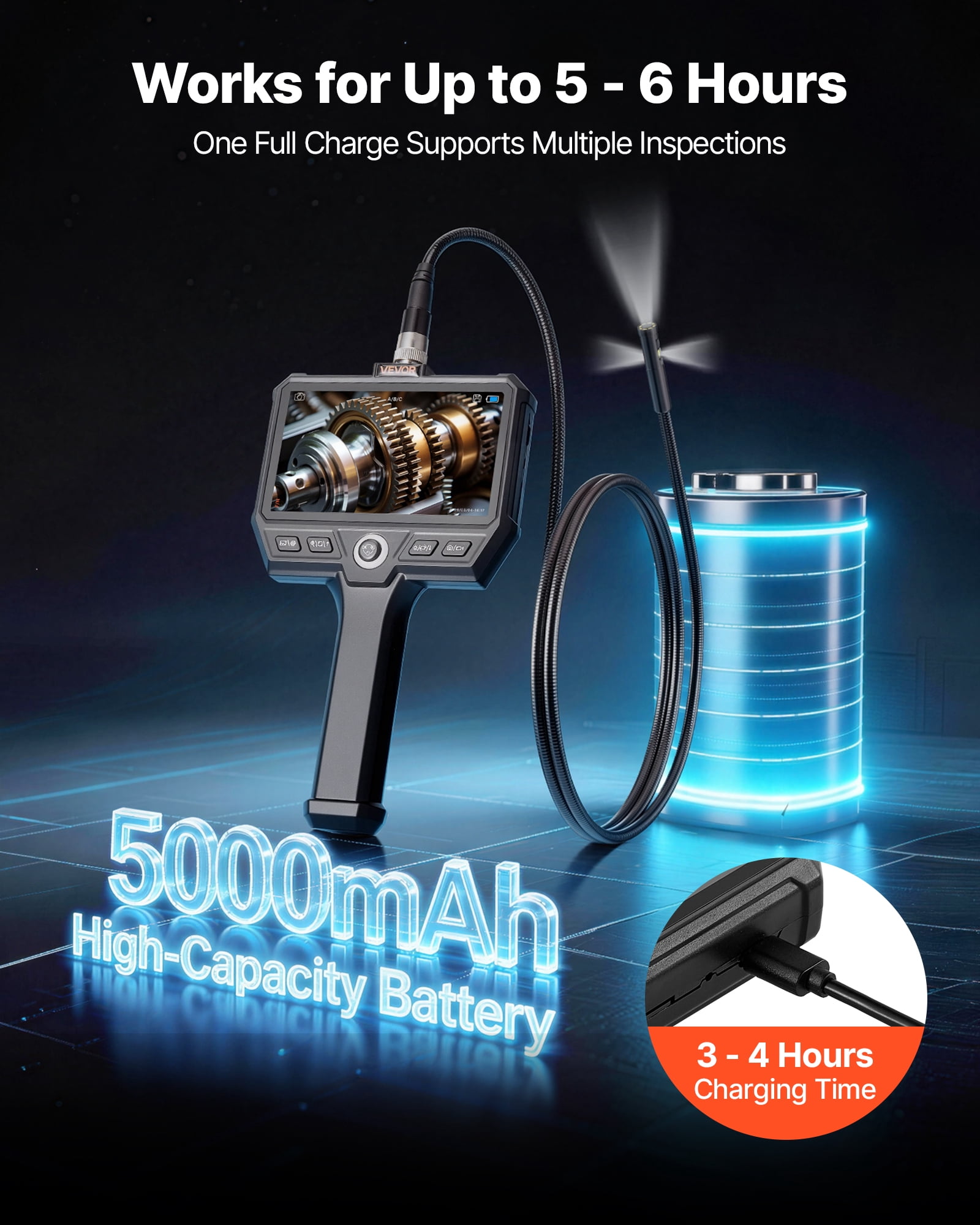VEVOR Triple Lens Endoscope with Light, 5" HD IPS Screen Industrial Borescope Camera, 8 + 2 LED Lights, 8X Zoom, 5000mAh, IP67 Waterproof Inspection Snake Camera for Automotive, Plumbing(4.9FT Cable)
