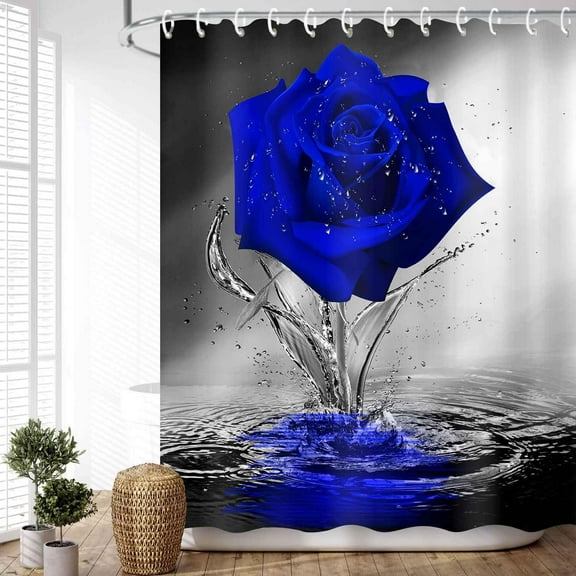Blue Rose Shower Curtain for Bathroom, Elegant Blooming Floral with Dew Spring Flower Reflection on Water Modern Romantic Valentine''s Day Bathroom Decor Shower Curtains Set with 12 Hooks69X84 Inches