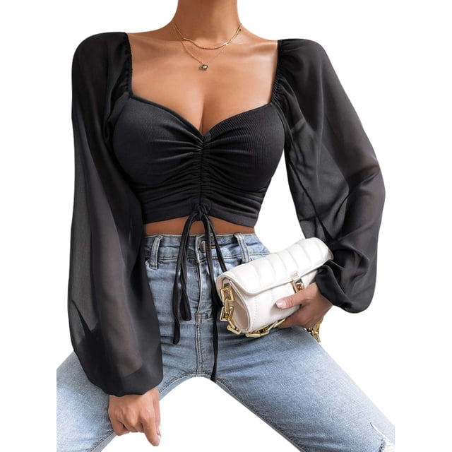 MAWCLOS Women Tee Ruched T Shirt Solid Color T-shirt Sexy Dailywear Long Sleeve Crop Tops Black L