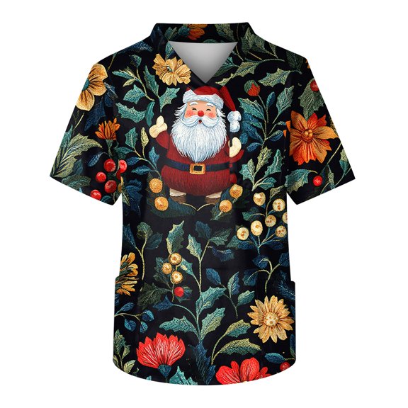 WTOBBY Men's Short Sleeve V-Neck Print Top with Chest Pocket, Christmas Theme Design for Caregivers, Work and Casual Comfort Wear,Dark Green L