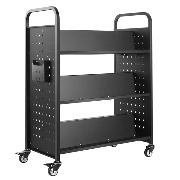 3-Shelf Rolling Book Cart, Double-Sided W-Design for Maximum Storage, Mobile Book Truck in Black
