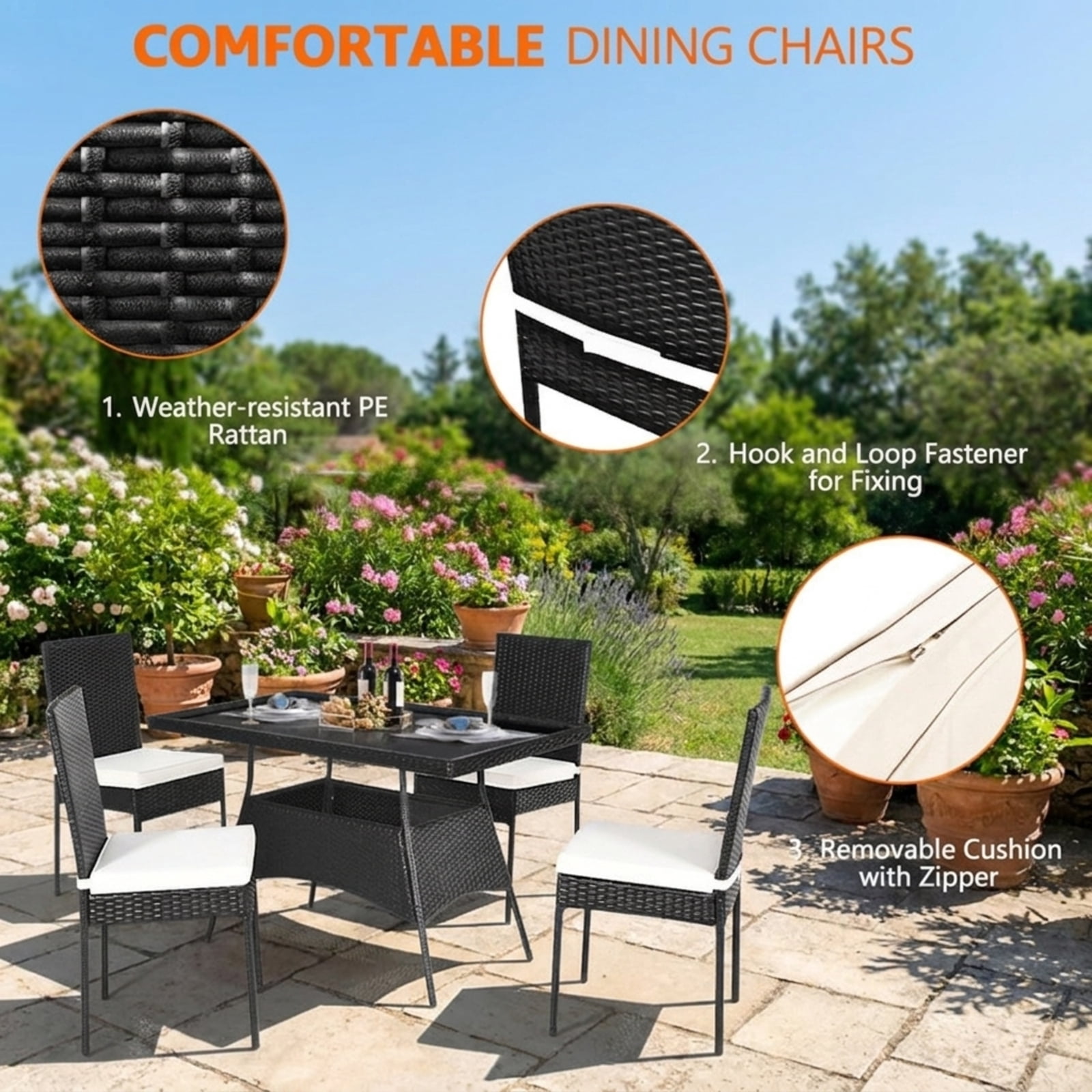 Furnibear 5 Piece Outdoor Patio Rattan Dining Set Wicker Conversation Furniture Set with Glass Top Table and Cushions, Black