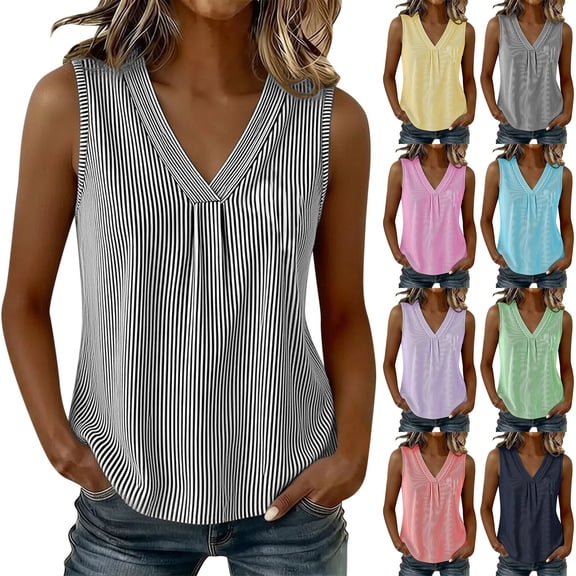 ClodeEU Women's V Neck Pleated Sleeveless Tank Top, Casual Loose Fit Blouse Black,Women's Plus L