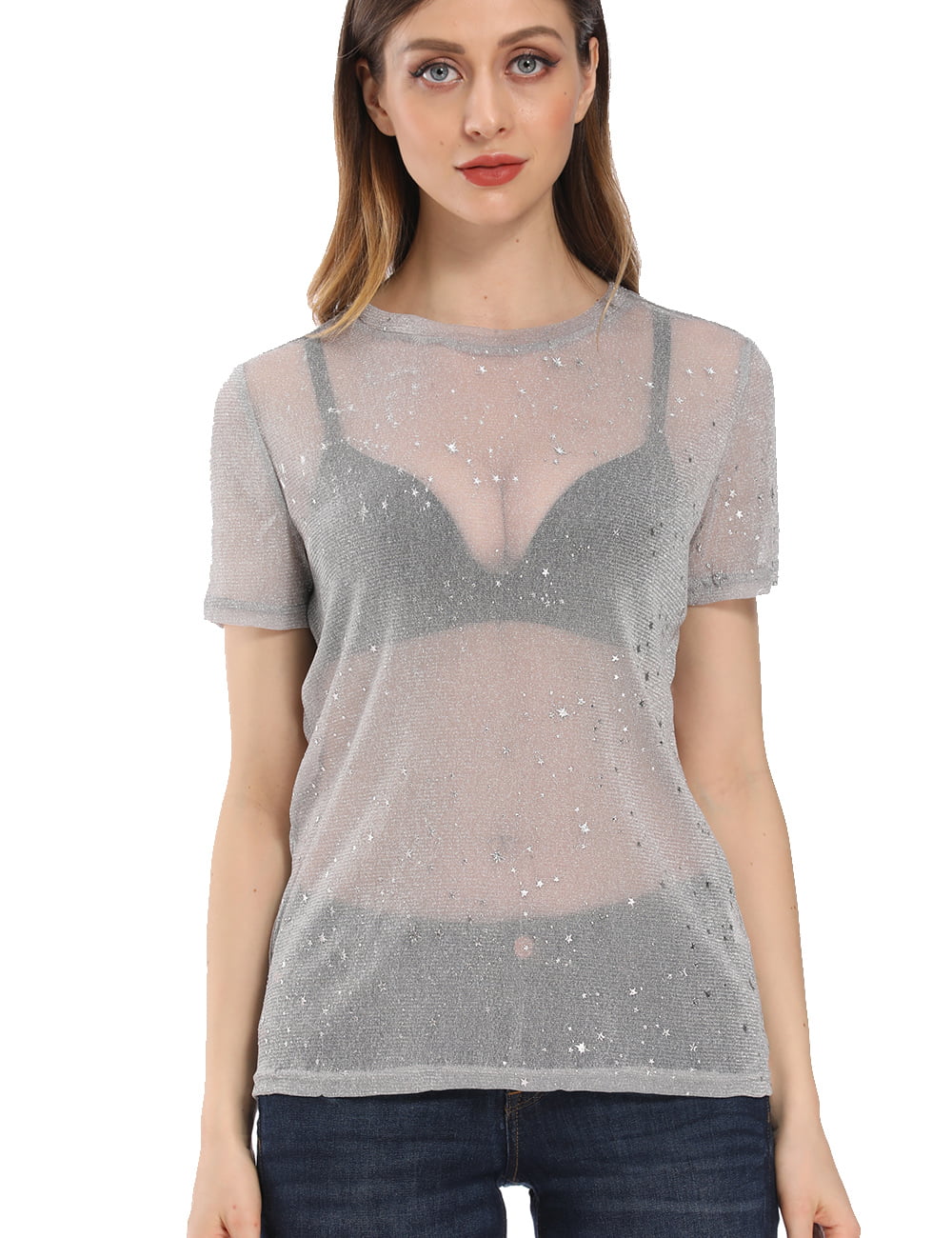 Dilgul Women's Long Sleeve/Short Sleeve Glitter Sheer Mesh Tops T Shirt  Blouse Clubwear 2XL