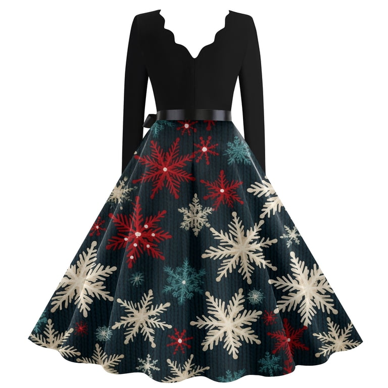Christmas Dresses for Women Women's Casual And Fashionable Christmas Print  V Neck Big Hem Dress Long Sleeved Dress with Christmas Snow House Print for  ...