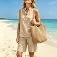 thumbnail image 6 of LEKWK 2 Piece Sets for Women Summer Sleeveless Stand Collar Button Tank Tops and Elastic Waist Shorts Loose Fit Solid Fashion Beach Vacation Casual Outfits, 6 of 9
