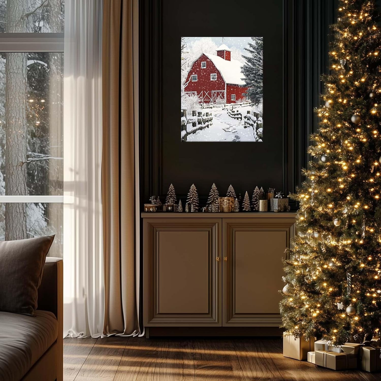 ChristmasCanvas Wall Art Decor with Farm, Red Walls, Snowy Road and Snow-Covered Pines, Holiday Canvas Print for Living Room and Bedroom, Farmhouse-Themed Christmas Wall Art?24X30 inch