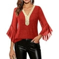 thumbnail image 5 of Aobny Womens Shirts Casual Sequin Ruffle Sleeve Clothing V-Neck Red Pullover 3/4 Sleeve Sexy Tops,M, 5 of 9