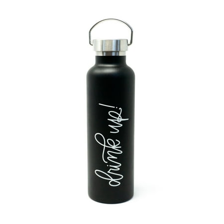 Water Bottle, Double Wall Stainless Steel Tumbler 750Ml 25Oz Insulated Thermos Wide Mouth For Hot &Amp; Cold Liquids, Travel Thermal Flask For Women With Hand Lettering Drink Up White On Black