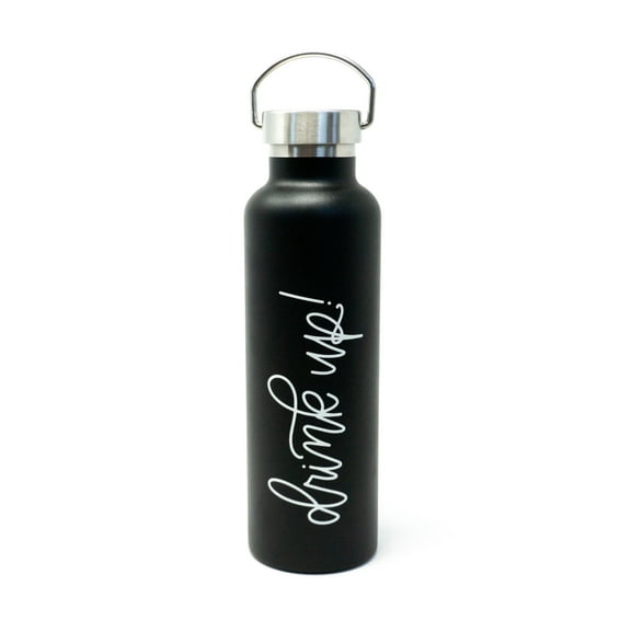 Water Bottle, Double Wall Stainless Steel Tumbler 750ml 25oz Insulated Thermos Wide Mouth for Hot & Cold Liquids, Travel Thermal Flask for Women with Hand Lettering Drink Up White on Black