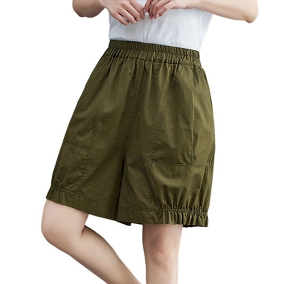 Inleife Womens Short Wide Leg Pants Fashion Women Elastic Forces Waist Casual Pockets Cotton And Linen Pants