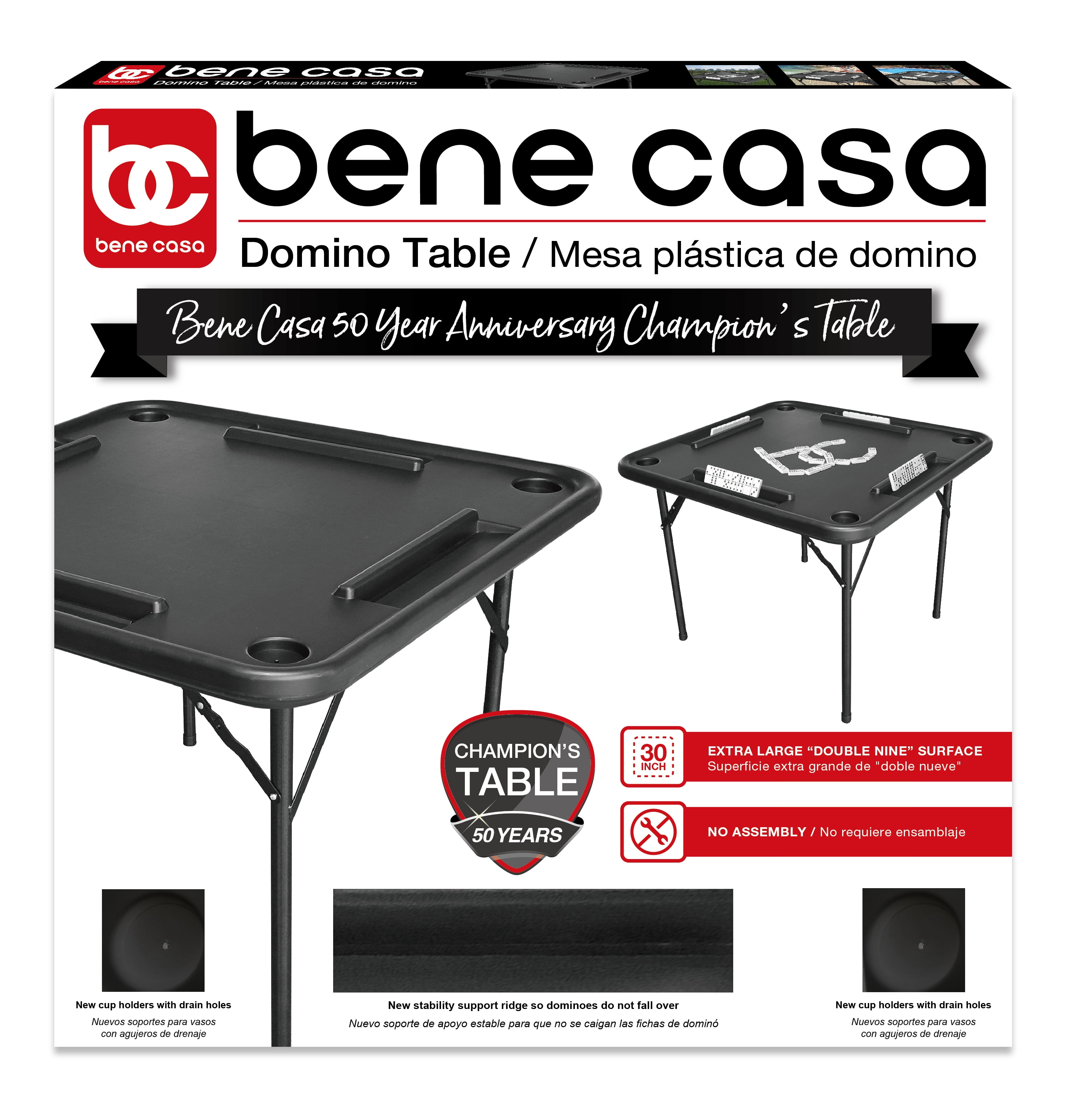 Bene Casa Foldable Domino Table with Built-In Drink Holders, 38 x 38, Black