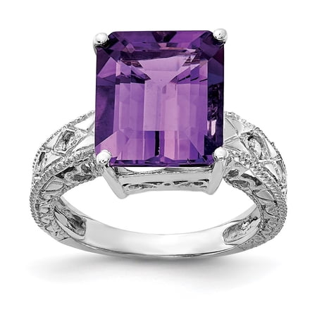 14k White Gold Ring Gemstone Womens Amethyst 0.068 ct 5.1 12x10mm Emerald Cut AA Diamond