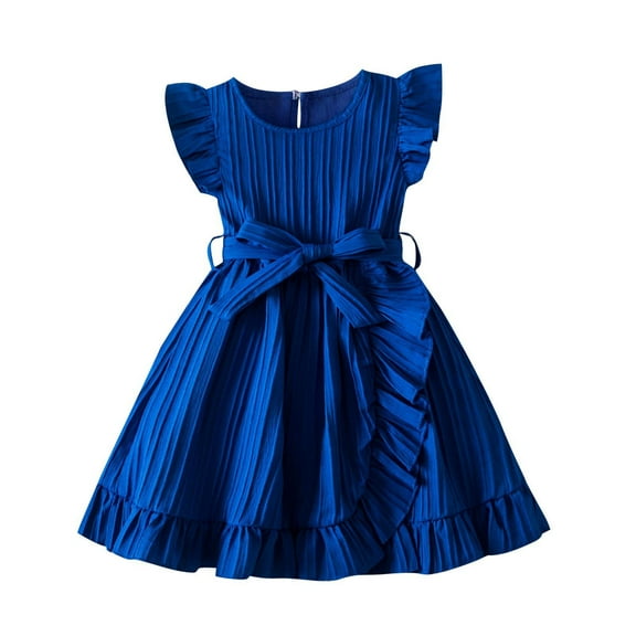 CHEEREAM Toddler Girls Summer Dress Formal Ruffle Sleeve A Line Casual Elegant Dresses with Belt Size 3-8 Years Blue 4 Years