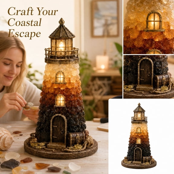 Beginner-Friendly DIY Lighted Sea Glass-Style Lighthouse Kit, Stained Glass Night Light for Living Room Table Decor, Coastal Home Decor Gift for Women 1 Pack