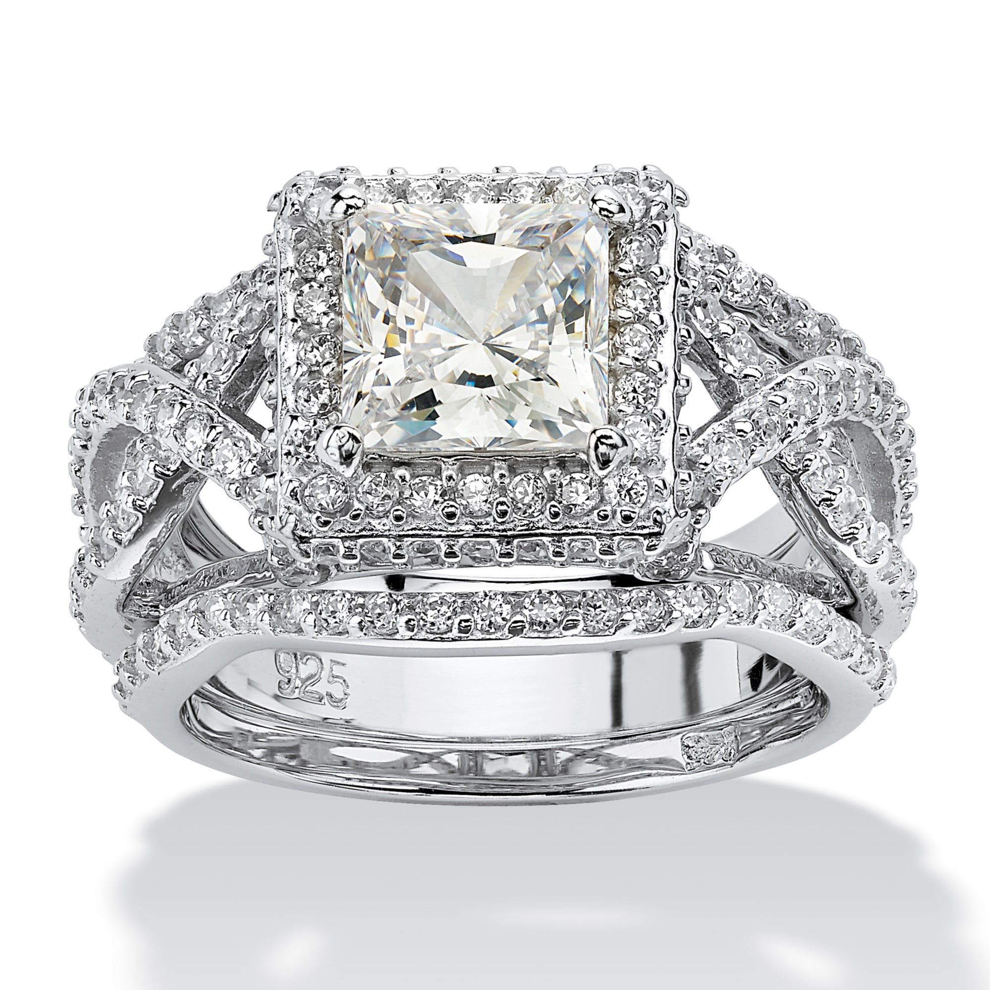 2.82 TCW Princess-Cut Cubic Zirconia Platinum over Sterling Silver 3-Piece Halo Bridal Ring Set by PalmBeach Jewelry
