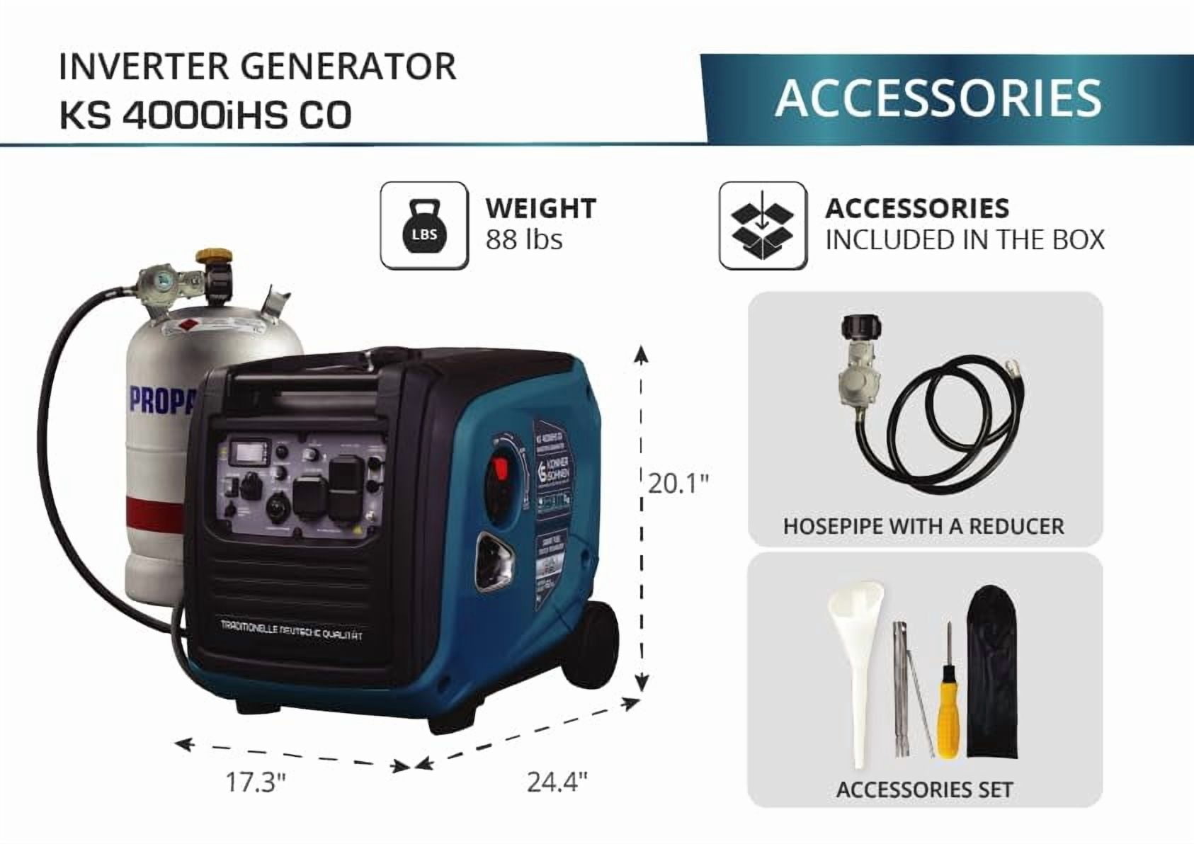 Konner & Sohnen 4000W Dual Fuel Generator Portable LPG/Gasoline 120V USB Quiet Parallel Ready Foldable Handle and Wheels Outdoor Camping Home Backup
