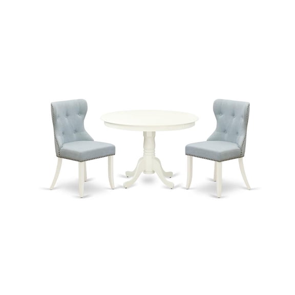 East West Furniture East-West Furniture HLSI3-LWH-15 - A modern dining table set of two fantastic parson dining chairs with Linen Fabric Baby Blue color and a beautiful 42-Inch Antique pedestal...