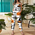 thumbnail image 5 of Halloween Overalls for Women Floral Print Linen Jumpsuit Wide Leg Spaghetti strap Rompers Pants with pockets, 5 of 7