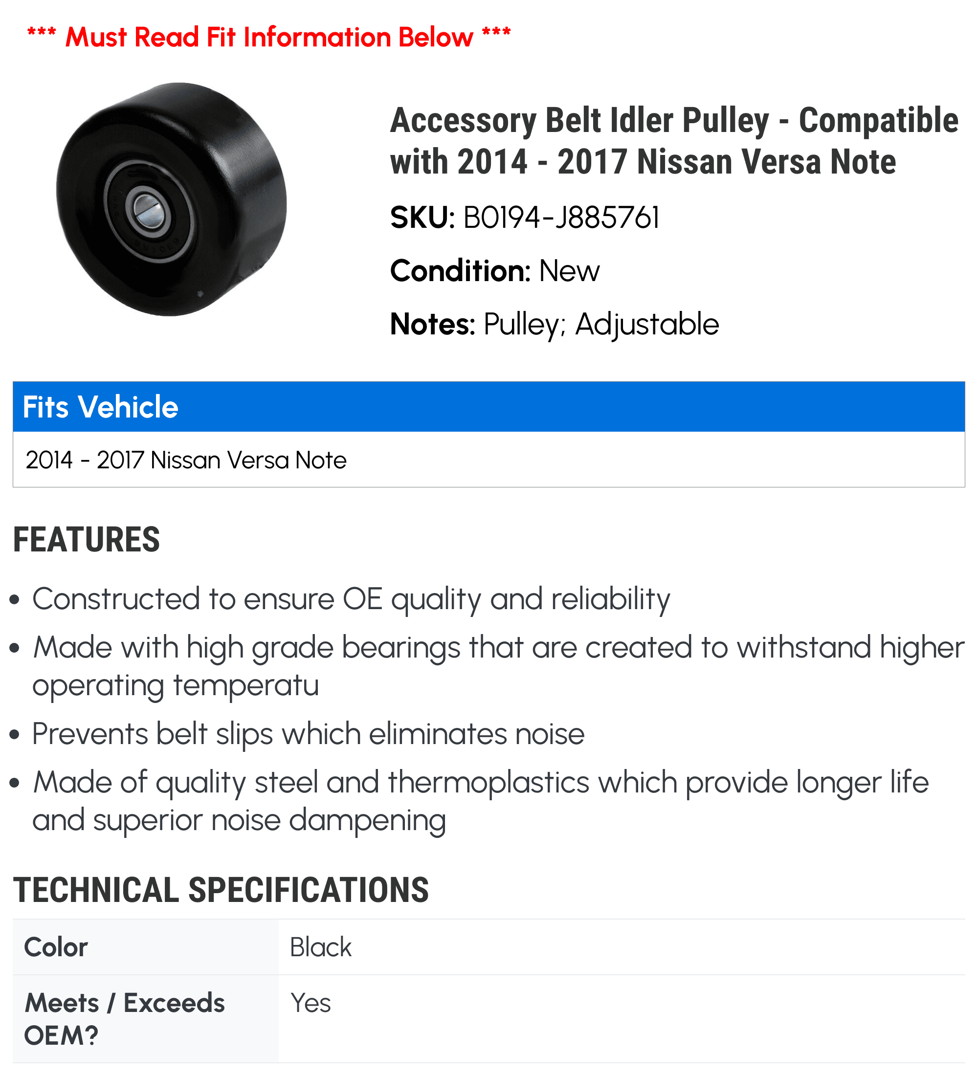 Accessory Belt Idler Pulley - Compatible with 2014 - 2017 Nissan Versa Note 2015 2016